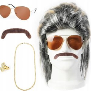 Zestaw RETRO ROCKMAN GANGSTER okulary +peruka +sygnet +łańcuch LATA 70 80