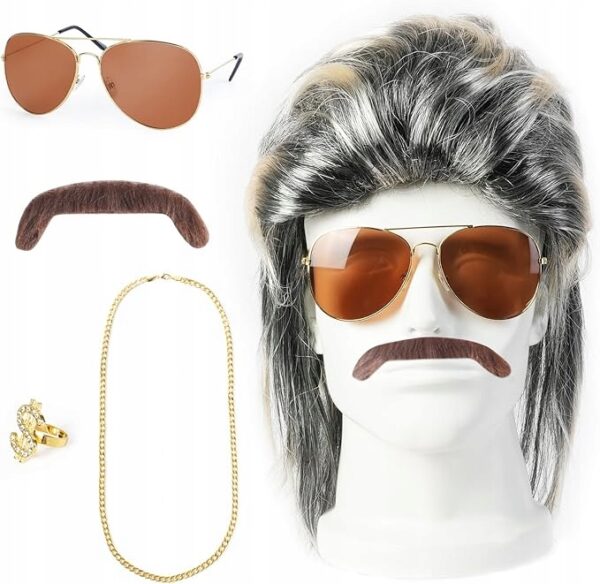 Zestaw RETRO ROCKMAN GANGSTER okulary +peruka +sygnet +łańcuch LATA 70 80