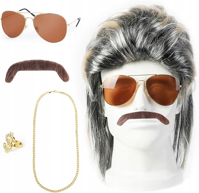 Zestaw RETRO ROCKMAN GANGSTER okulary +peruka +sygnet +łańcuch LATA 70 80 - obrazek 1
