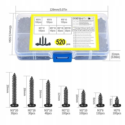 520 SZT. ŚRUBY SAMOGWINTUJĄCE M3 ZESTAW ZE STALI NIERDZEWNEJ PUDEŁKO