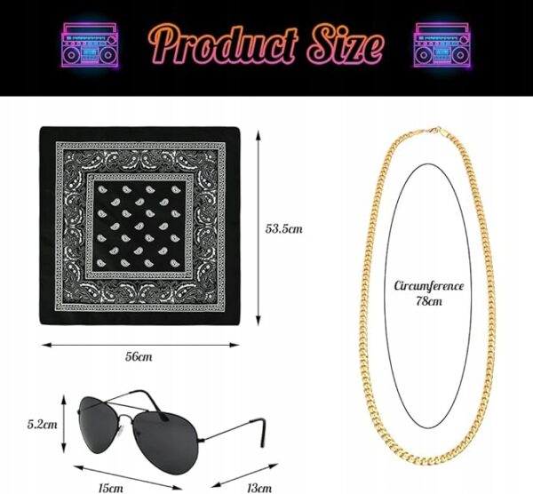 Zestaw RETRO ROCKMAN 2×Bandana czarna+czerwona +Łańcuch+Okulary LATA 80 90