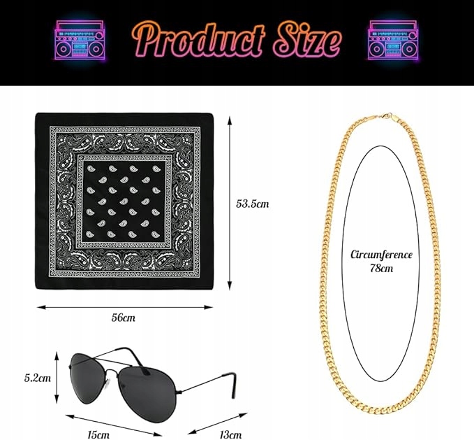 Zestaw RETRO ROCKMAN 2×Bandana czarna+czerwona +Łańcuch+Okulary LATA 80 90 - obrazek 2