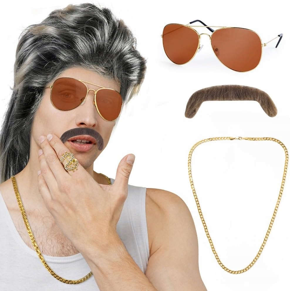 Zestaw RETRO ROCKMAN GANGSTER okulary +peruka +sygnet +łańcuch LATA 70 80 - obrazek 3