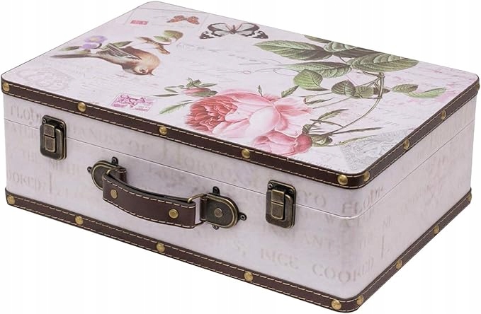 HMF DREWNIANA WALIZKA 38X26X13 CM VINTAGE DUŻA DEKORACYJNA RÓŻA POJEMNA