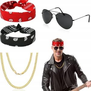 Zestaw RETRO ROCKMAN 2×Bandana czarna+czerwona +Łańcuch+Okulary LATA 80 90