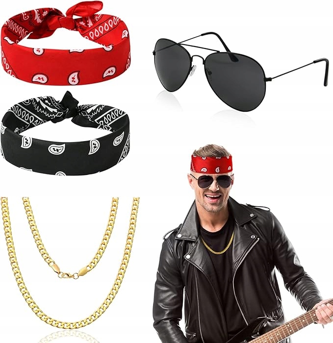 Zestaw RETRO ROCKMAN 2×Bandana czarna+czerwona +Łańcuch+Okulary LATA 80 90 - obrazek 1