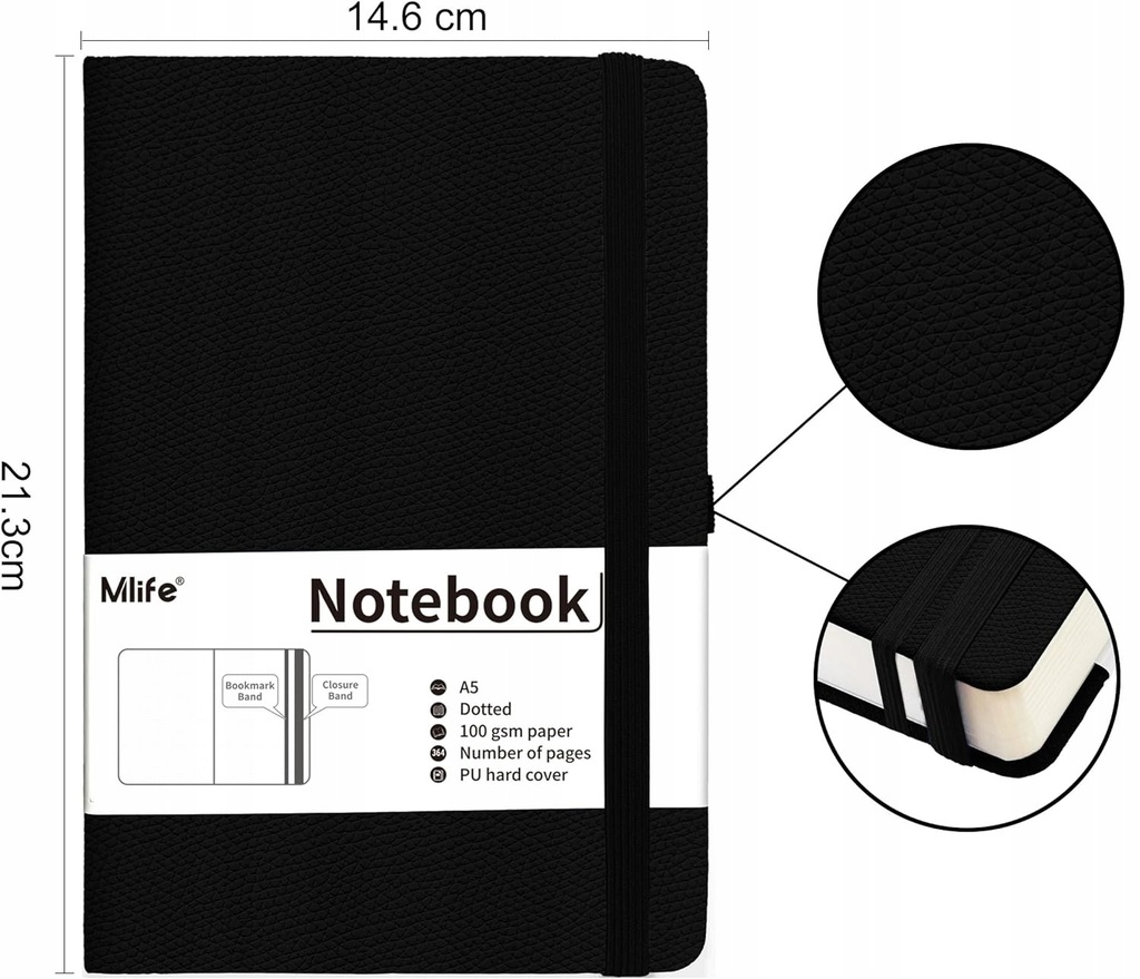 Zeszyt A5 NOTATNIK 360 STRON 100 G/M² TWARDY W KROPKI 360 kartek Czarny - obrazek 2