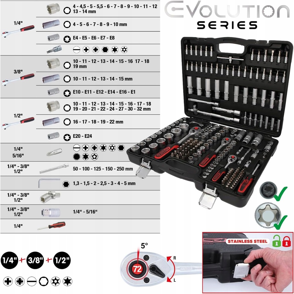 KS Tools 917.0779 1/4"+3/8"+1/2" ZESTAW KLUCZY NASADOWYCH WALIZKA 179-szt - obrazek 3