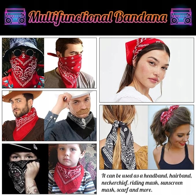 Zestaw RETRO ROCKMAN 2×Bandana czarna+czerwona +Łańcuch+Okulary LATA 80 90 - obrazek 5